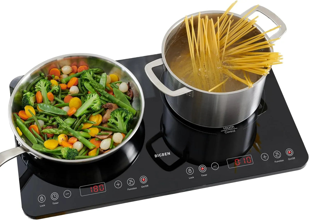 Plaque de cuisson CKDUO2BK Bigben, Table de Cuisson 2 Feux, Minuteur, Studio, Deux plaques, Induction Double Portable 3500 W, Nettoyage Facile