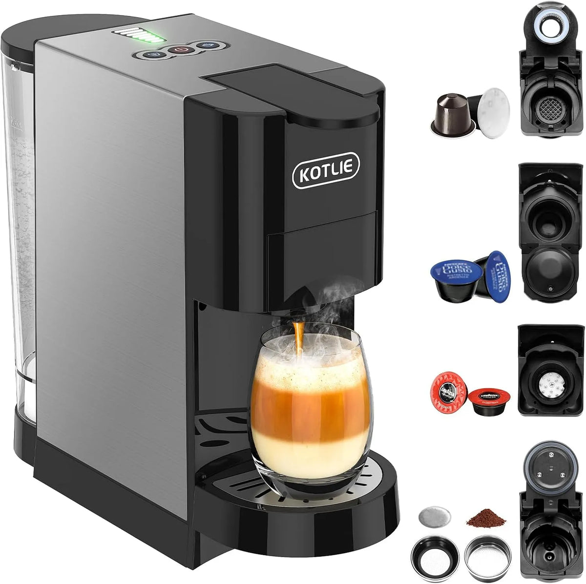 Machine à café AC-513HF KOTLIE, 44 mm, Café en poudre, pour a modo mio, finition noire, multifonctionnelle 5-en-1 pour NES, D G, ESE Pads