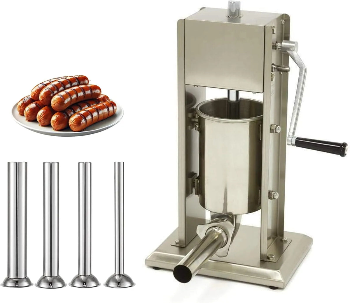 Saucisses Manuel Vertical 3L Poussoir à, 2 niveaux de vitesse et Idéal, 4 Tubes de Remplissage, 2 niveaux de vitesse, Acier Inox