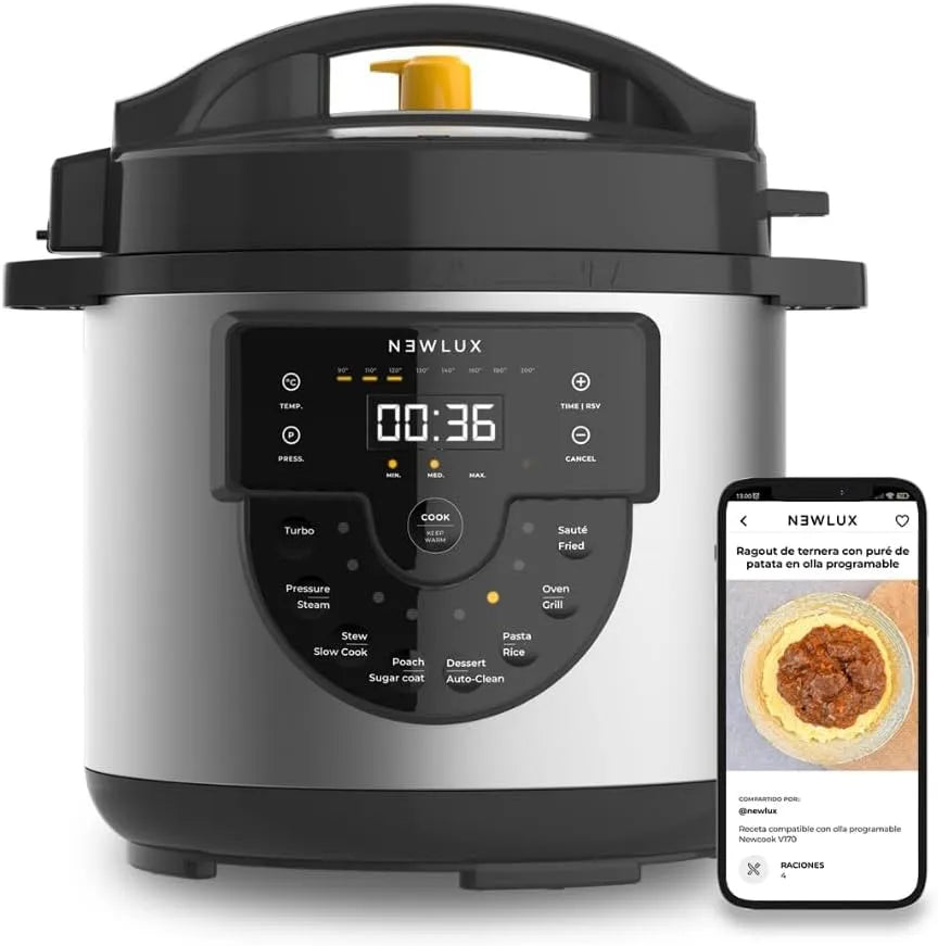 NEWLUX, 15 Fonctions, Mijoteuse Électrique Programmable 6L Delicious finition noire, puissance 1000W, Multifonction avec Voix