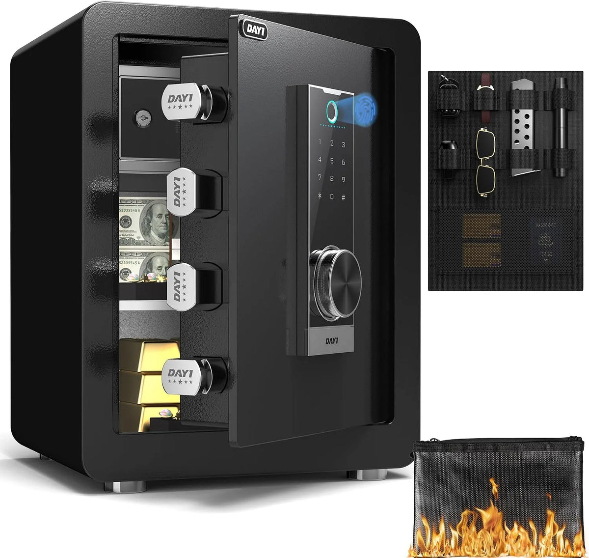 Coffre-fort DF-45 DAYI Pro, DAYI Pro C -fort biométrique pour empreintes digitales 0,6 m³ avec sac ignifuge, pavé tactile numérique