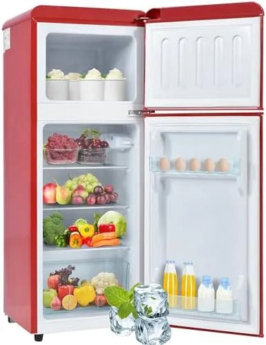 Réfrigérateur, hauteur 105,5 cm, largeur 41 cm, volume total 92 litres, 27°C à 13°C, autoportant style rétro, classe énergétique D, rouge