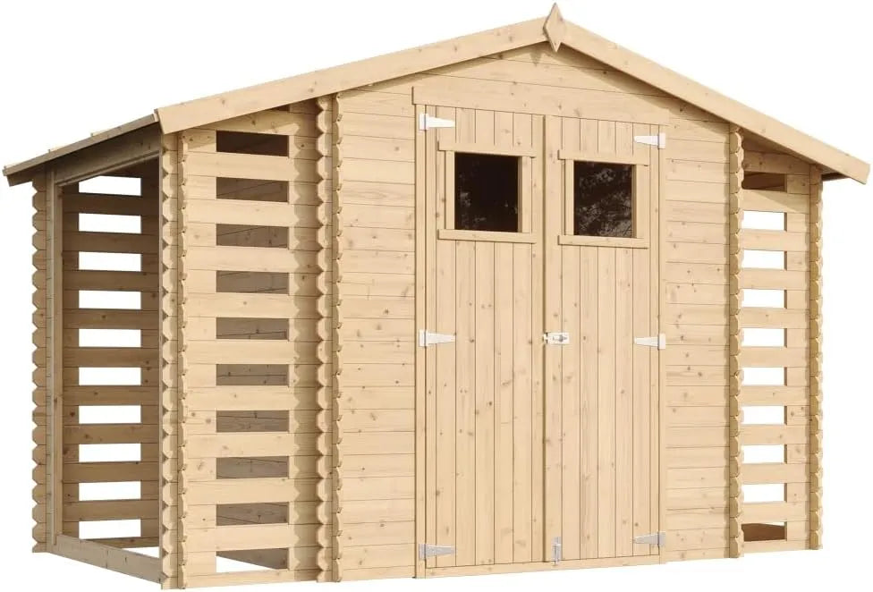 Abri de jardin I206xL328xH218 M391, 3,53 + 0,97+0,97 m2 Petit abri à Outils, Local à vélos, fenêtres TIMBELA, en Bois et Range bûches extérieur