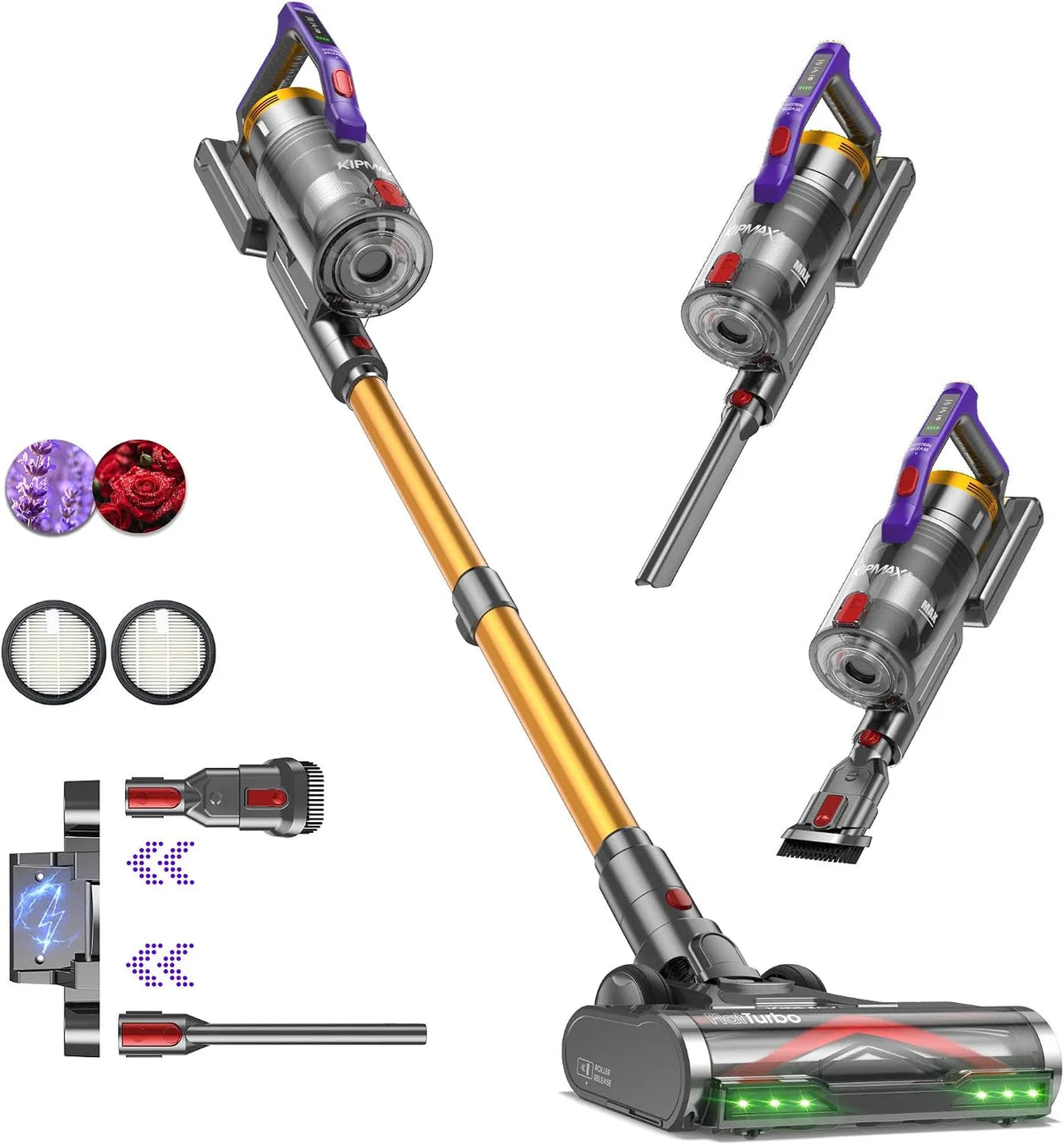 Aspirateur balai 70Min KIPMAX, puissance 550W, Filtrage 7 Couches, Écran LED, pour Poils Animaux, Sols Durs, Aspirateur sans Fil Autonomie, 50KPa