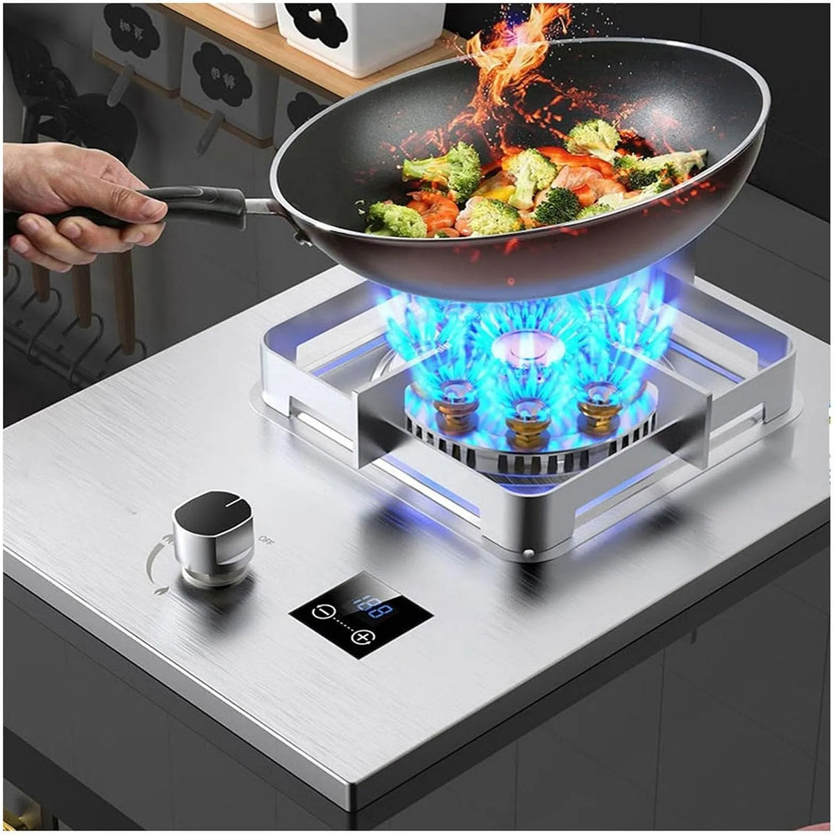 Cuisinière à gaz, En Acier Inoxydable, Minuterie Feu Élevé 9 Cavités De 5,2 KW, Portable 1 Brûleur, Compatible Sources GPL, NG