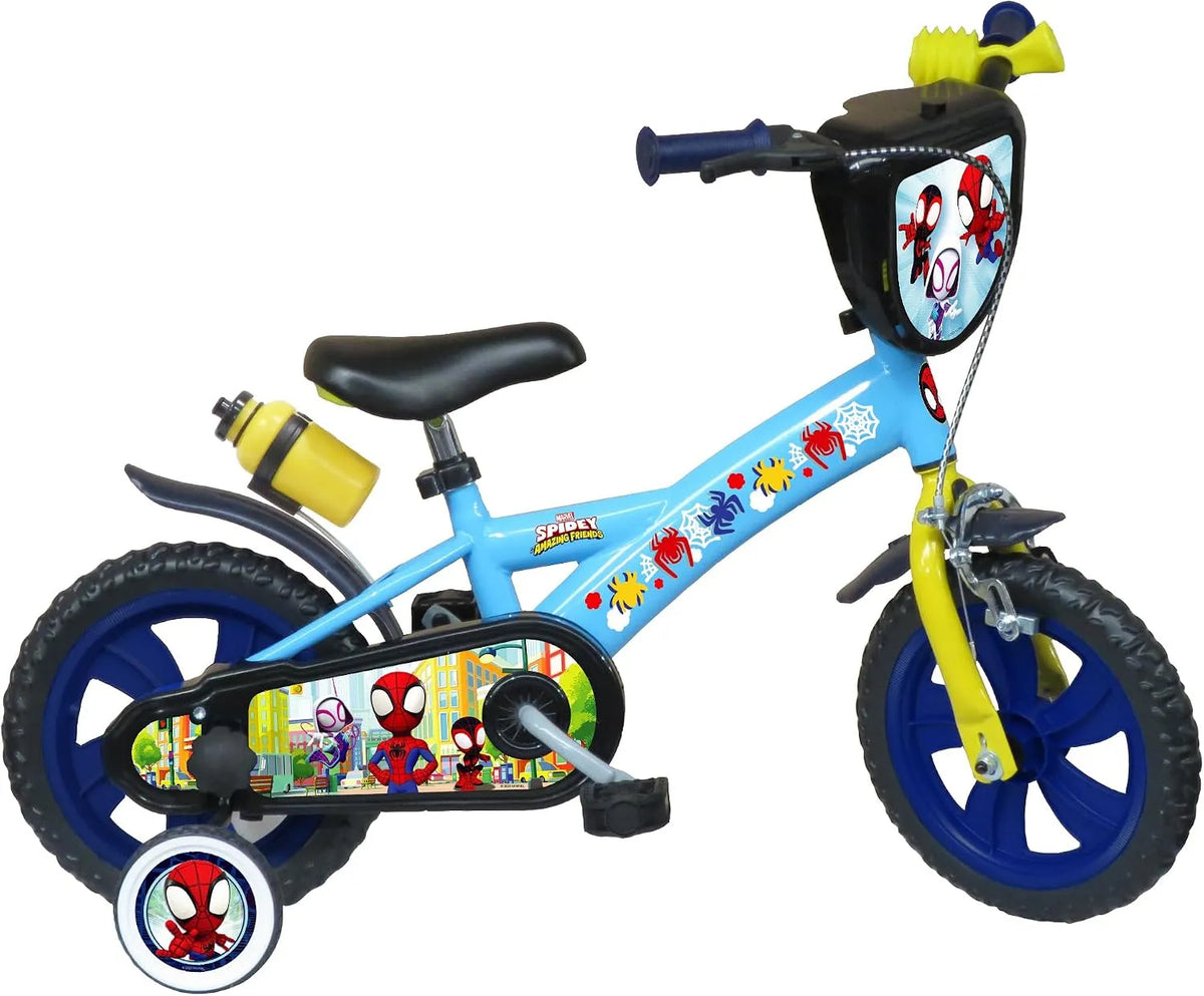 Vélo A.T.L.A.S., Garde boues, 12'' Spidey et Ses Amis équipé de 1 Frein, Plaque Avant décorative, Bleu, Carter et stabilisateurs
