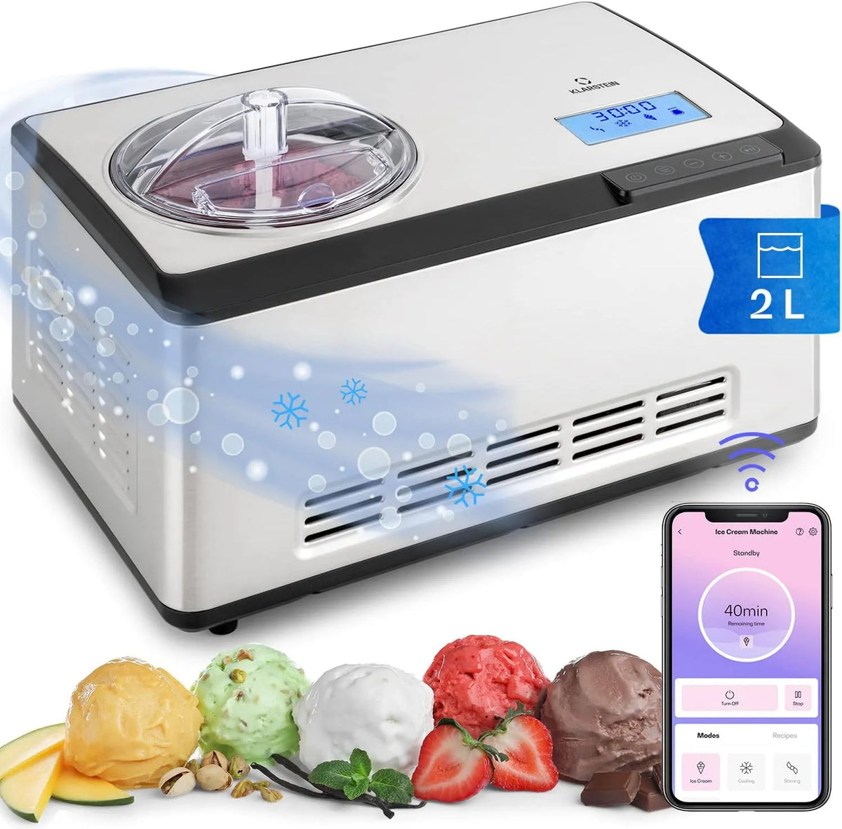 Klarstein compresseur, Sorbetiere Turbine a Glace, Glace Italienne, App, Refroidissement par, puissance 180W, Contrôle WiFi, Maintien au Frais