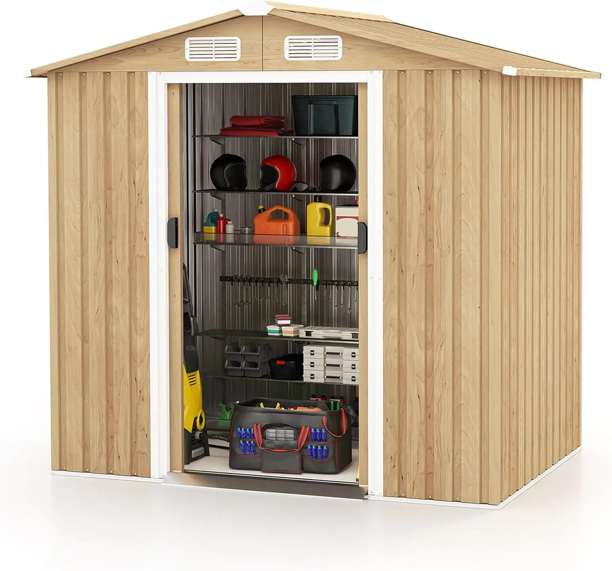 Abri de jardin, dimensions 196 x 142 x 186 cm, avec 4 fenêtres de Ventilation, 2 Portes coulissantes et Rampe, en métal avec Serrure, Naturel