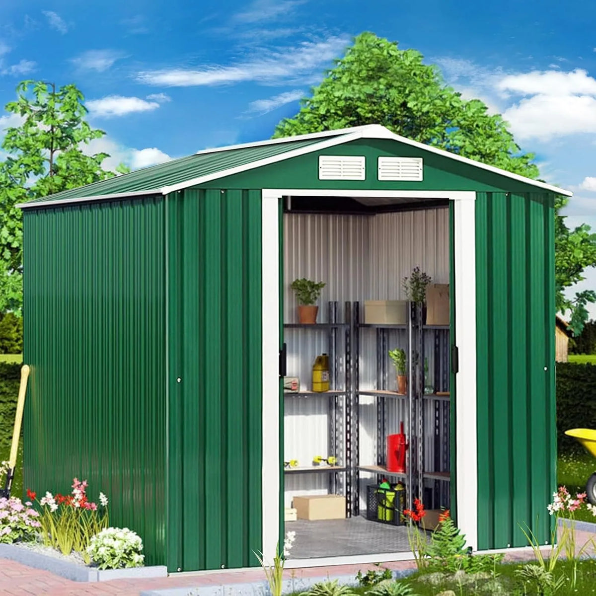 Abri de jardin Costway, Métal Extérieur 2.7㎡ Acier Galvanisé avec Fondation, pour Vélo, 4 Persiennes, dimensions 213x127x185CM, Toit Penché, Poubelle