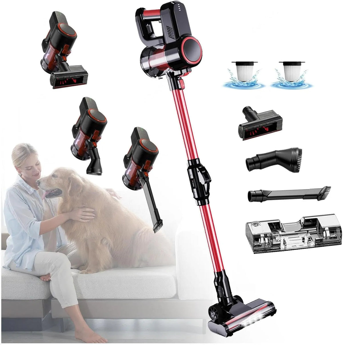 Aspirateur balai, Aspirateurs à Main pour Sol Dur Tapis Poils d'animaux Voiture, Laveur sans Fil 5 en 1 Compact avec Réservoir d'eau 200ml
