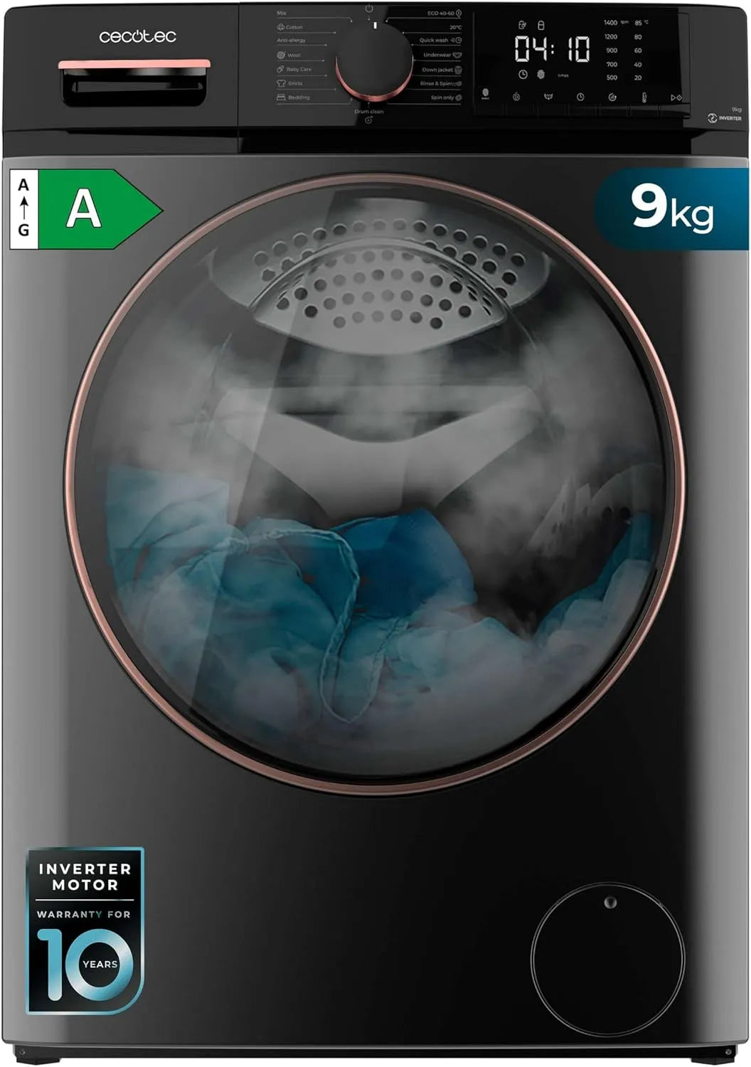 Cecotec lave-linge 9610, 1400 rpm, moteur Inverter Plus, optimise le niveau d'eau et le temps de lavage, 15 programmes, fonction vapeur