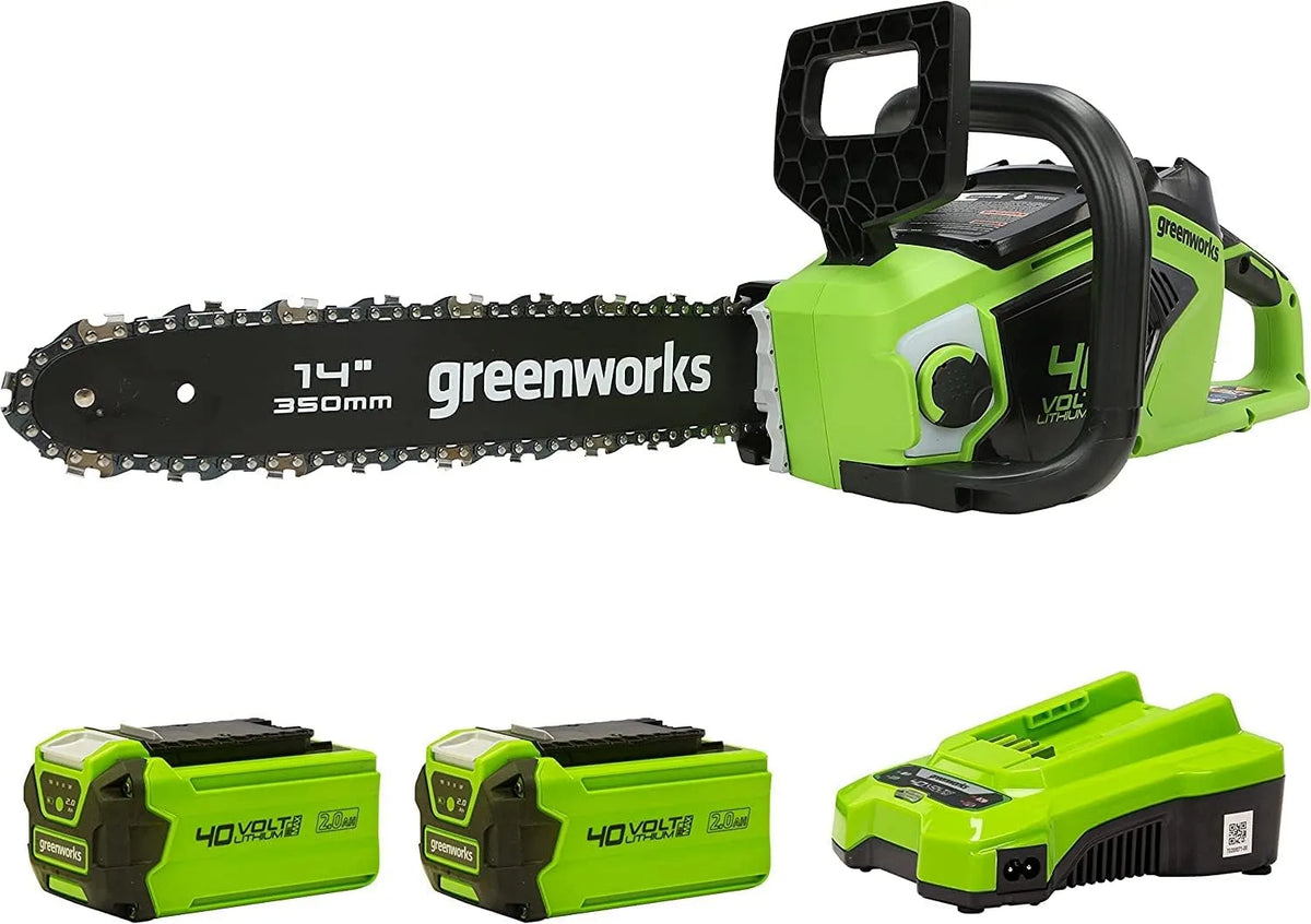 Greenworks tronçonneuse Chargeur-GD40CS15K2X, Vitesse de Chaîne 12 m, Longueur Guide-Chaîne 14 Pouces, 2 Batteries 40V 2Ah, poids 3,5 kg, largeur 35cm