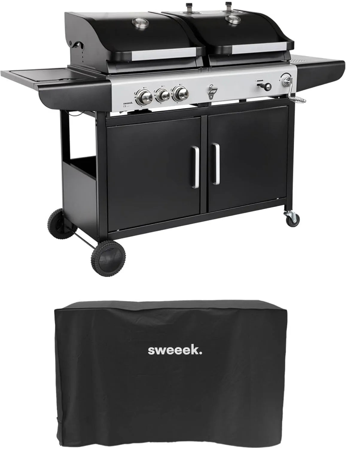 Barbecue sweeek, avec tablettes et housse, 2 en 1 gaz et charbon. 3 brûleurs + 1 feu latéral. grill et fumoir