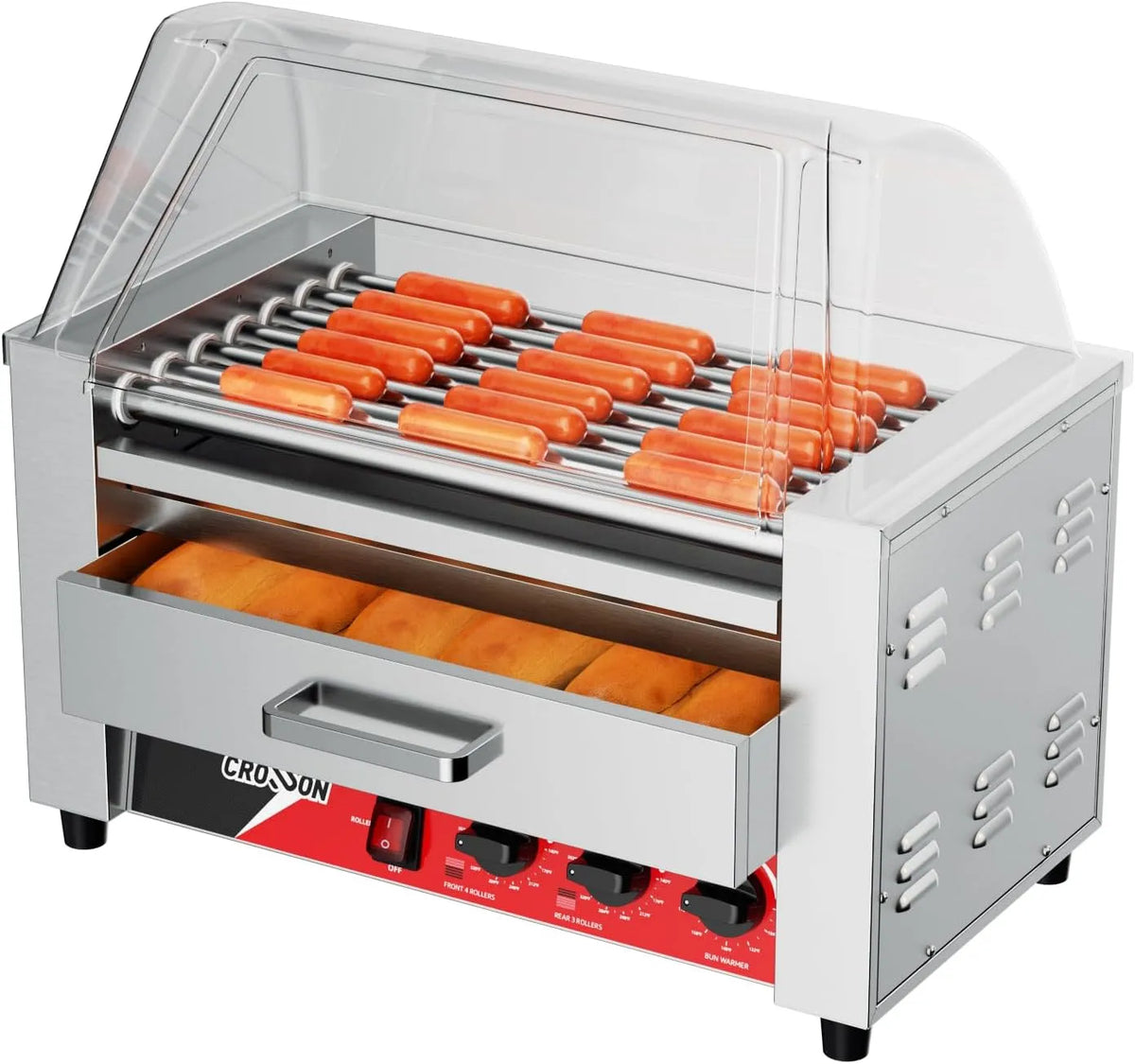 CROSSON 2 IN 1 Hot Dog Machine 7 Rouleaux, espace pour 18 saucisses, avec Couvercle Visuel,1350W Machine à Hot Dog Professionnel