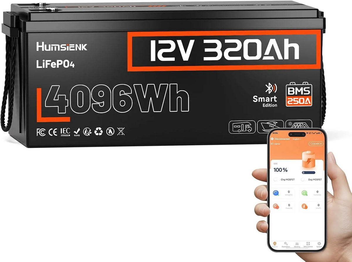 Modèle Lithium 320Ah Bluetooth avec BMS 250A LiFePO4 15000 Humsienk Batterie, 4096Wh Energie, Cycles à Décharge Profonde, Bateau, Stockage Maison