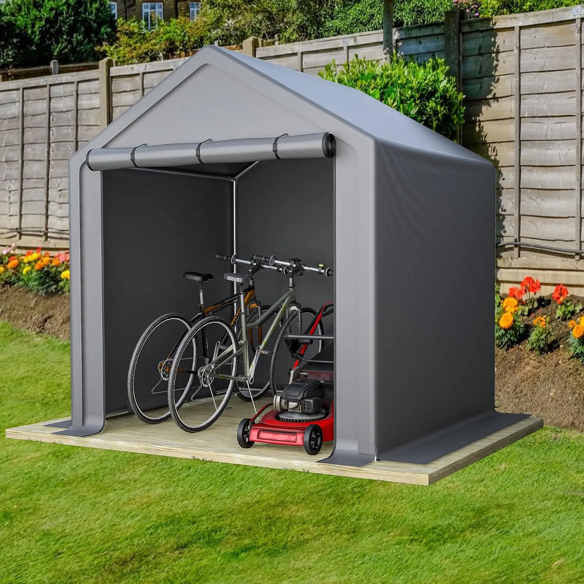 Abri à outils, en métal résistant à l'hiver 190 x 170 x 200 cm avec porte roulante, étanche, garage à vélo pour 2 vélos, finition grise foncé