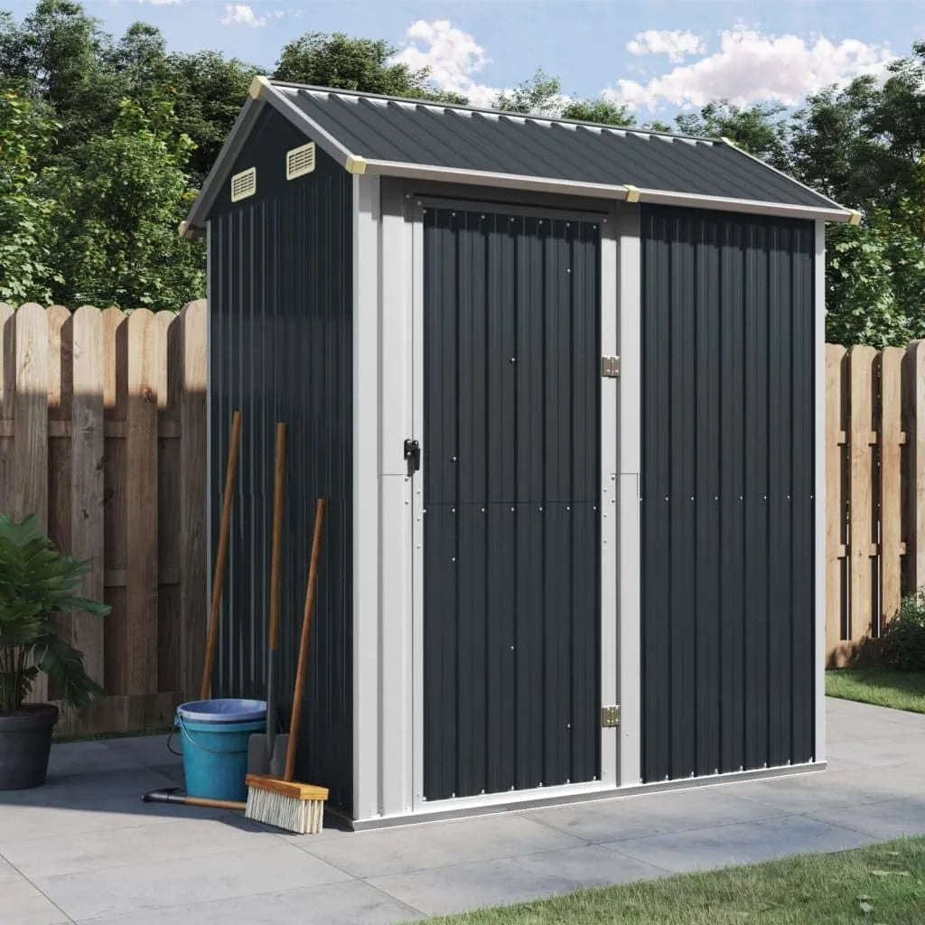 Abri de jardin, avec toit incliné et ouvertures d'aération pour un rangement robuste. Cet anthracite une grande
