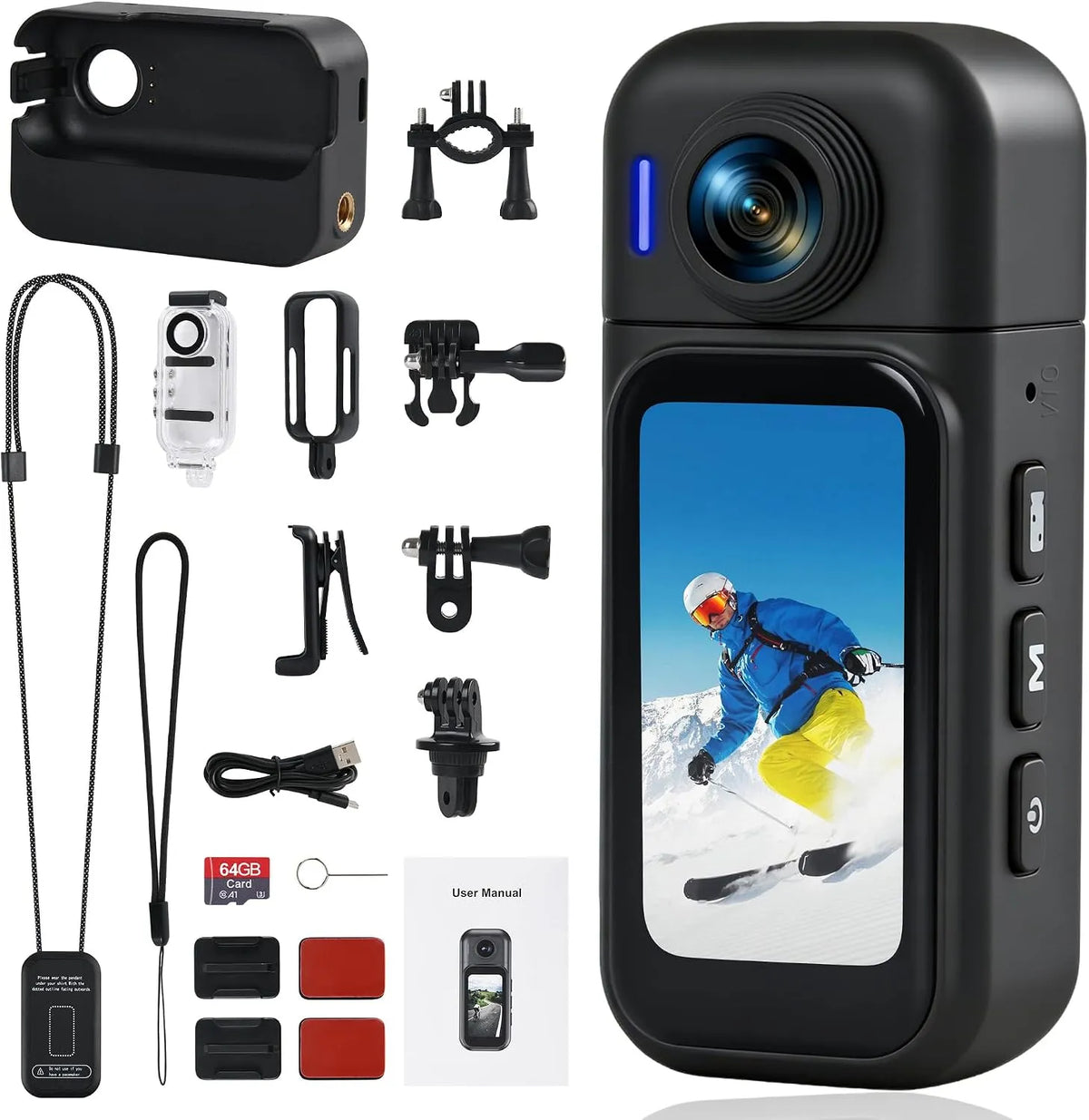 Vélo, Objectif Rotatif 180°, Batterie 8h, Idéale Voyages 10+ Accessoires & Carte 64G, Wi-FI, Caméra Sport 360° Action Camera, Grand Angle 120°