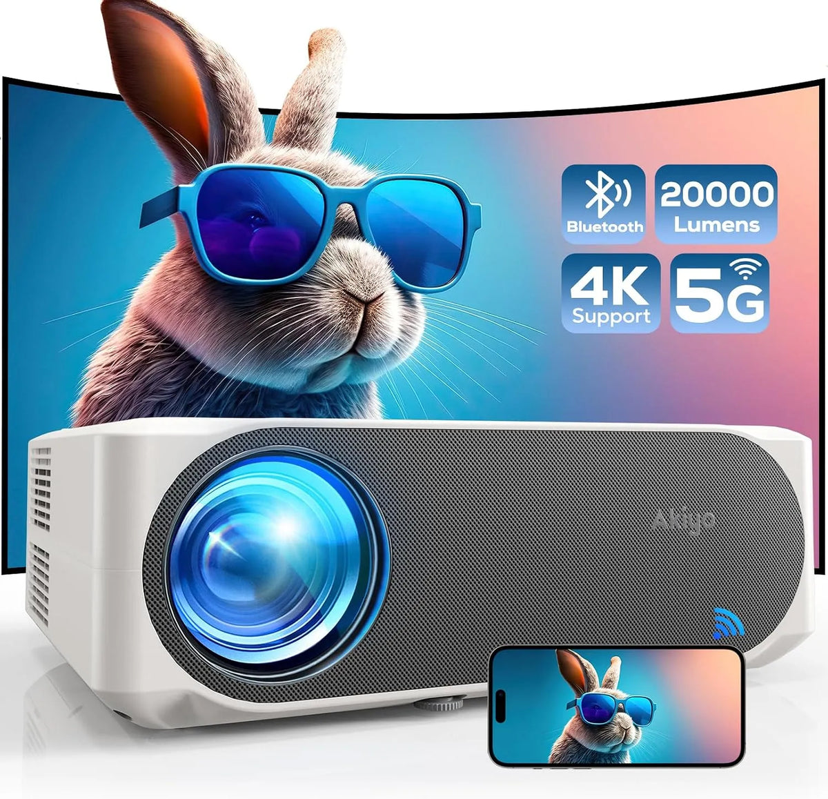 Vidéoprojecteur 4K 1080P WiFi6 Bluetooth5.2, Rétroprojecteur AKIYO O8 Full HD Natif, 20 000 Lumens, Grand Écran Jusqu'à 300', PS5, Home Cinéma, PC