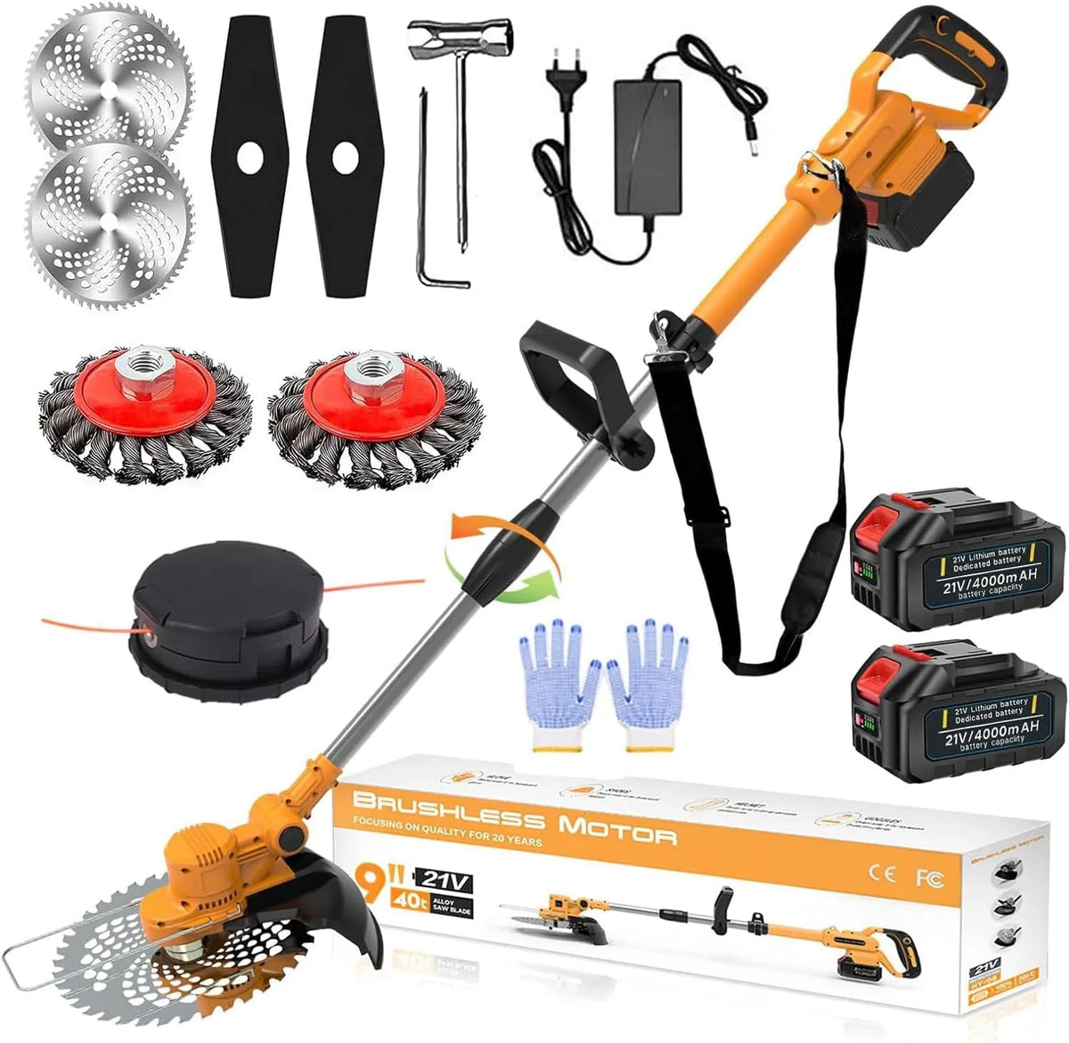 Débroussailleuse, avec Batterie 21V Brushless à Batterie, avec 2 Batteries 4.0Ah et Brosse de Désherbage, Coupe Bordure, Orange