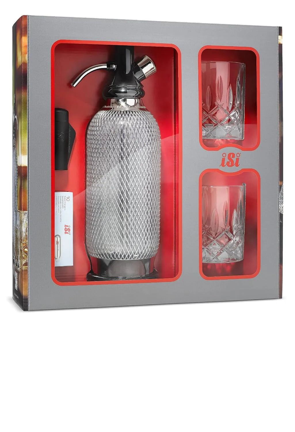 ISi Soda, Maker Classic C t cadeau avec 2 verres et 10 capsules de soda, gazéifiant d'eau 1,0 l en acier inoxydable, siphon de soda