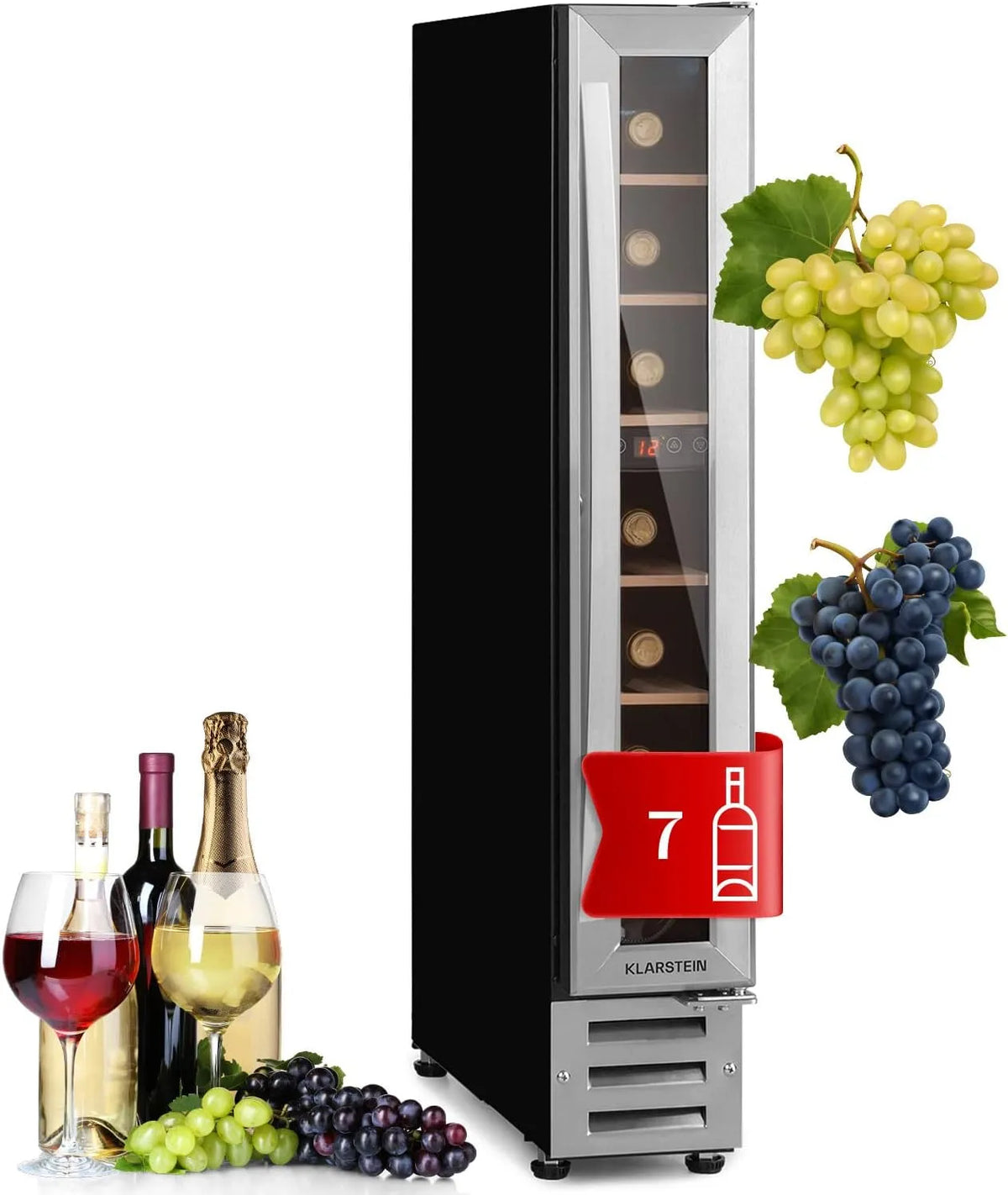 Armoire Klarstein, Mini frigo 5-22°C, capacité 20L, Vinovilla Cave a Vin Encastrable, 7 finition argentée, à une Zone, Ecran Tactile