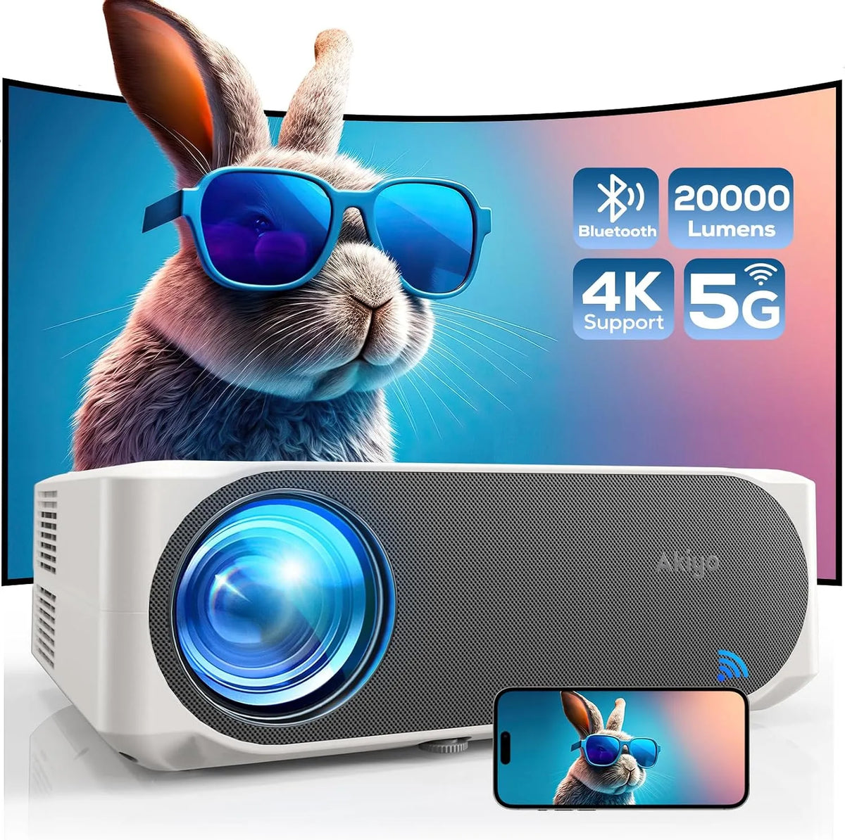 Modèle Stick Stick 20000 1080P WiFi6 Vidéoprojecteur, Lumens 4K Supporte Retroprojecteur, PS5, Android, PC, HDMI, USB, Fire Stick