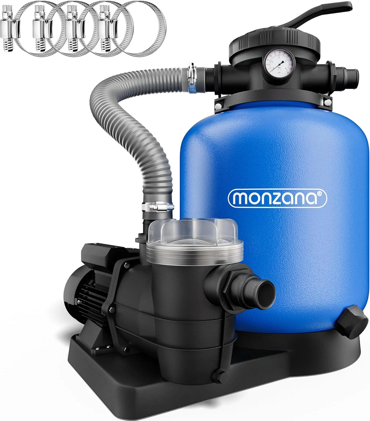 Pompe 2en1 32-38mm MONZANA, filtre à sable 13,2 m³ auto-amorçante pour piscines jusqu'à 58 m³ préfiltre vanne 7