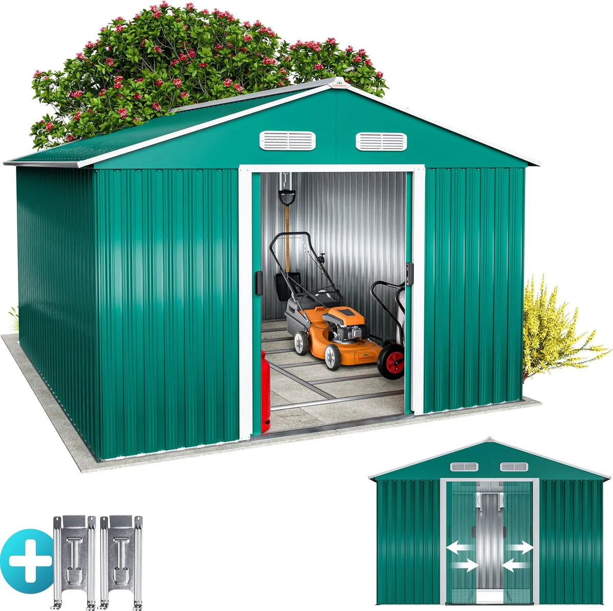 Abri de jardin, métal XXXL 8m˛ Fondation 315x260x180cm Porte coulissante Vert cabane de Jardin cabanon Rangement Outils 15mł