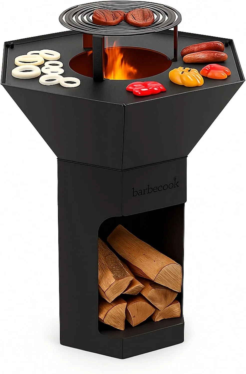 Barbecue Barbecook, dimensions 92x92x120cm, brasero Nestor Original, à Bois Exterieur avec plancha et Grille surélevée, finition noire