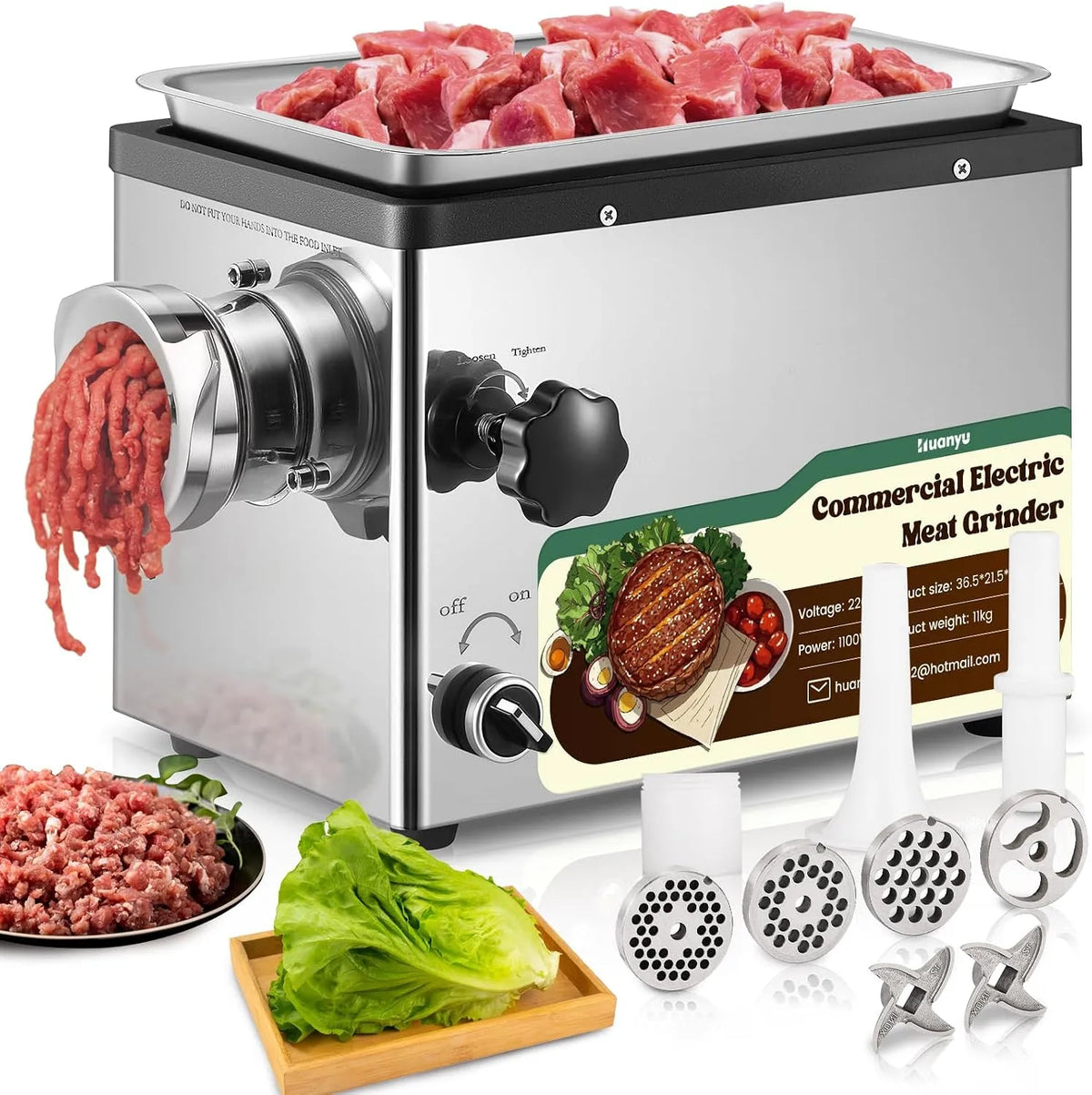 Huanyu Hachoir, avec 2 Lames et 4 Plaques de Coupe, Électrique Hachoir a Viande Electrique Commercial 1100W Multi-fonctions Hachoir a Viande