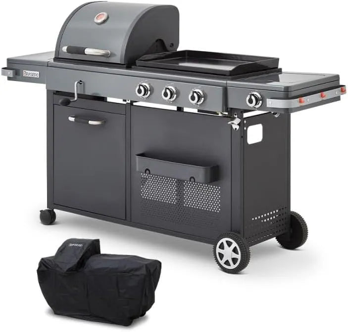 Barbecue BRASERO BY FAVEX, Plancha fonte émaillée 60 x 42 cm, 3 brûleurs 10,8 kW, 14 convives, Plancha Bi-Energy XL Gaz & Charbon, LONGTIME