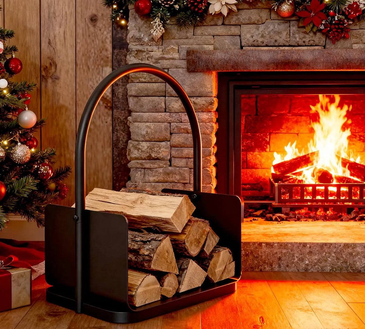 À bois de cheminée Kingson Panier, dimensions 42 x 28 x 42 cm, Porte-bûches en acier à revêtement poudré finition noire avec poignée et bord surélevé
