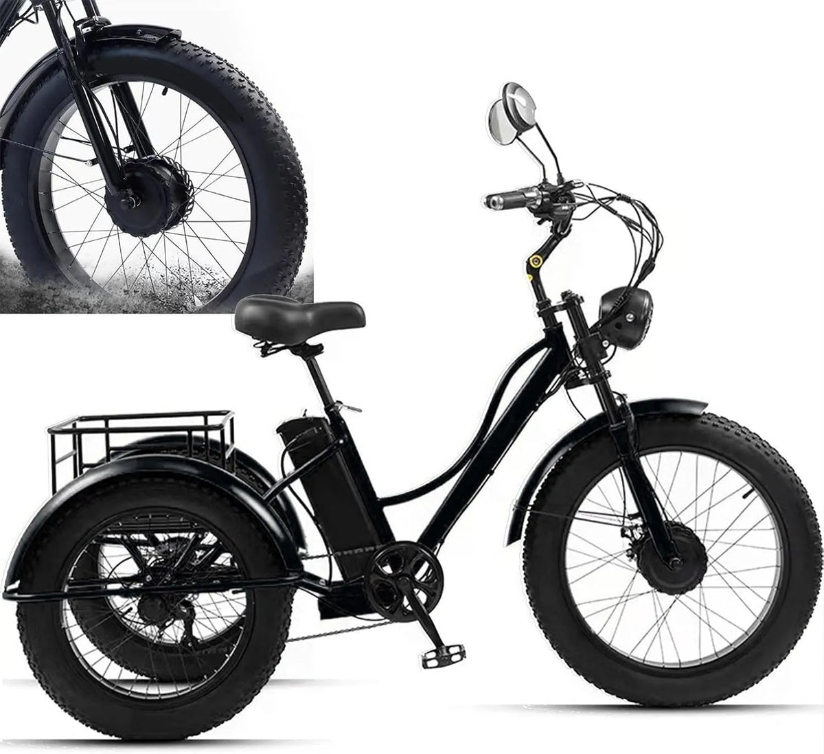 Tricycle électrique, batterie amovible 48 V 15 Ah, Vélo cargo 7 niveaux de vitesse avec grand panier, 24 pouces pour adultes, pneus larges
