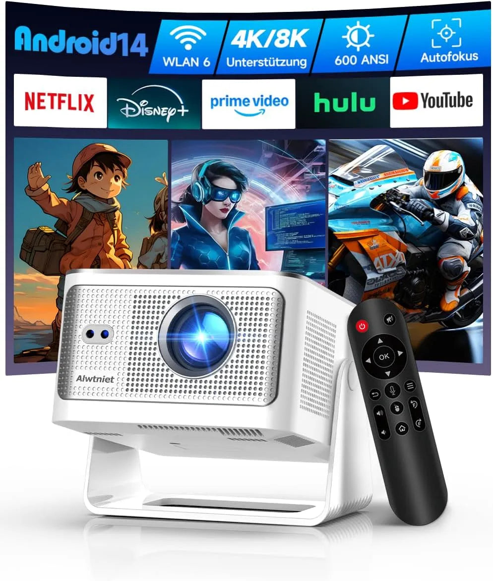 Native &App intégrée 1080P Alwtniet Vidéoprojecteur, 4K 8K supporte, 6D Keystone Ultra Courte Focale Rotation 180°, Obstacle Avoidance