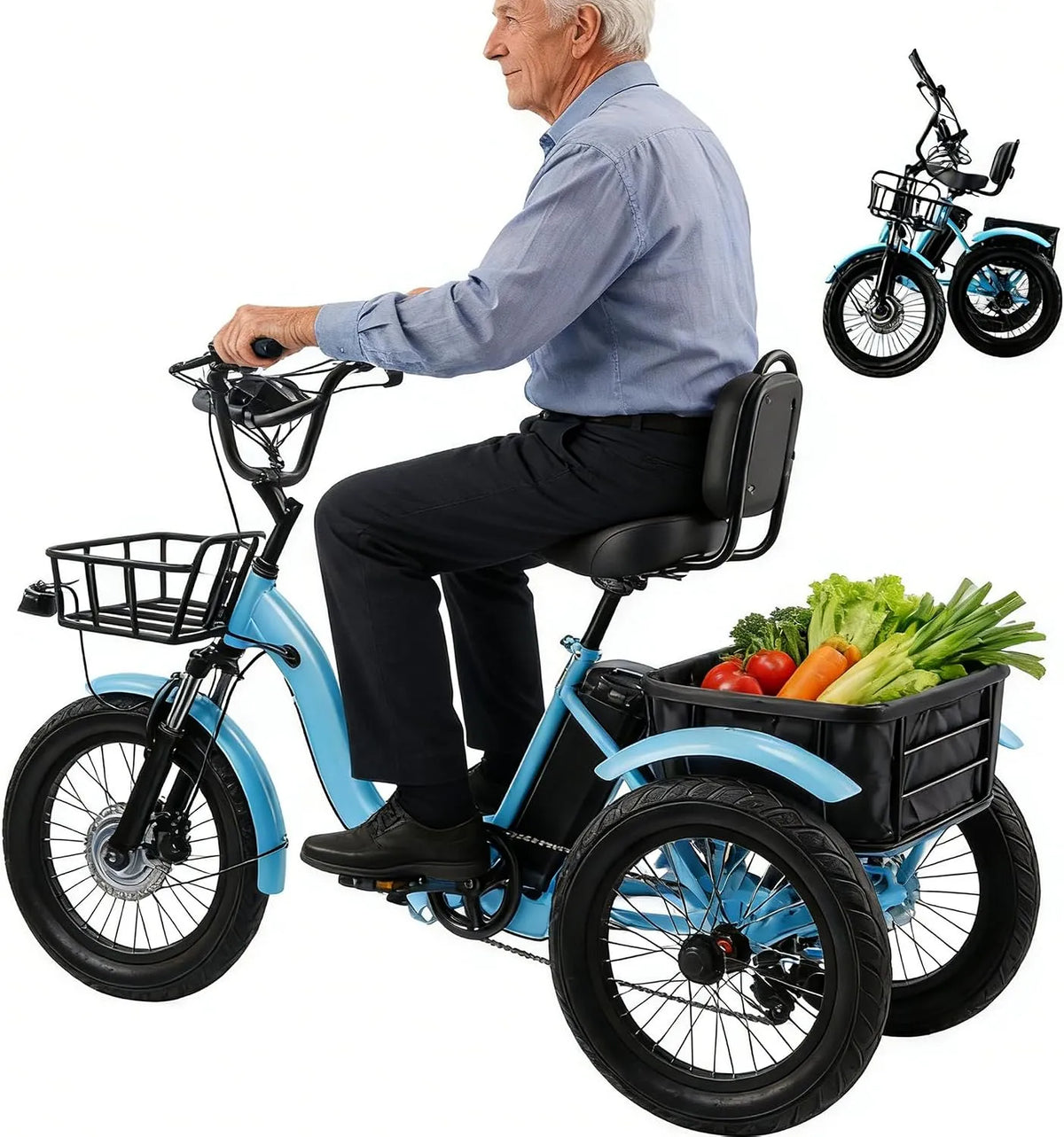 Tricycle électrique, 7 niveaux de vitesse Mécaniques + 5 niveaux de vitesse électriques, Pliable 18' pour Adultes, 48 v 13 Ah