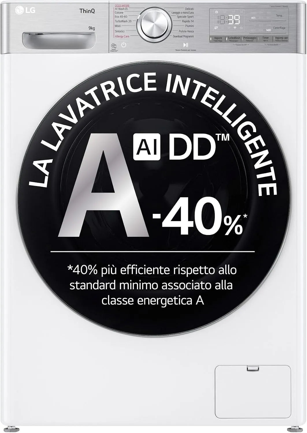 LG lave-linge F4R9009TPWC 1400, AI DD classe énergétique A -40%, tours, Wi-Fi, finition blanche, charge avant série R9, 9 kg, AI Wash