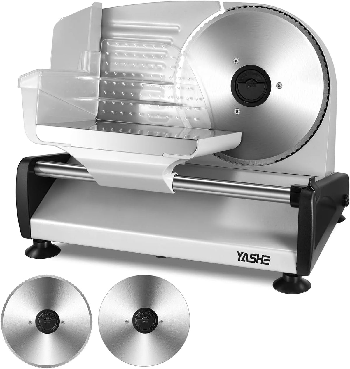 Trancheuse YASHE, 0–15 mm, Épaisseur Réglable, Pieds Antidérapants, à Viande et Pain de 250W avec Lames Lisse et Dentée de 19 cm, Électrique