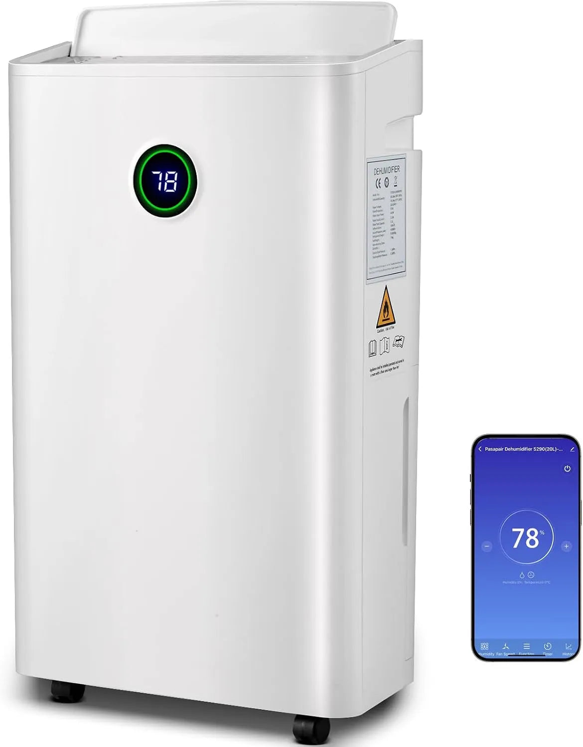 Déshumidificateur 24h pasapair, 3 Modes, Affichage numérique, Arrêt automatique, Chambre, Portable 20L pour des pièces jusqu'à 195m³, ~30 m², Placard