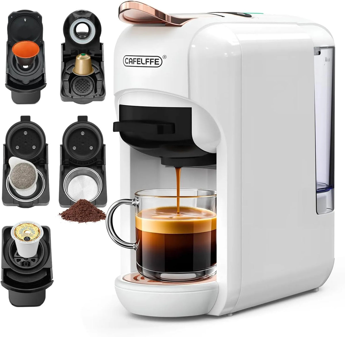 Machine à café Cafelffe, capacité 0,6 l, DG*, dosettes ESE et café moulu, 5 en 1 avec réglage du volume de café et pression de 19 bars, Kcup