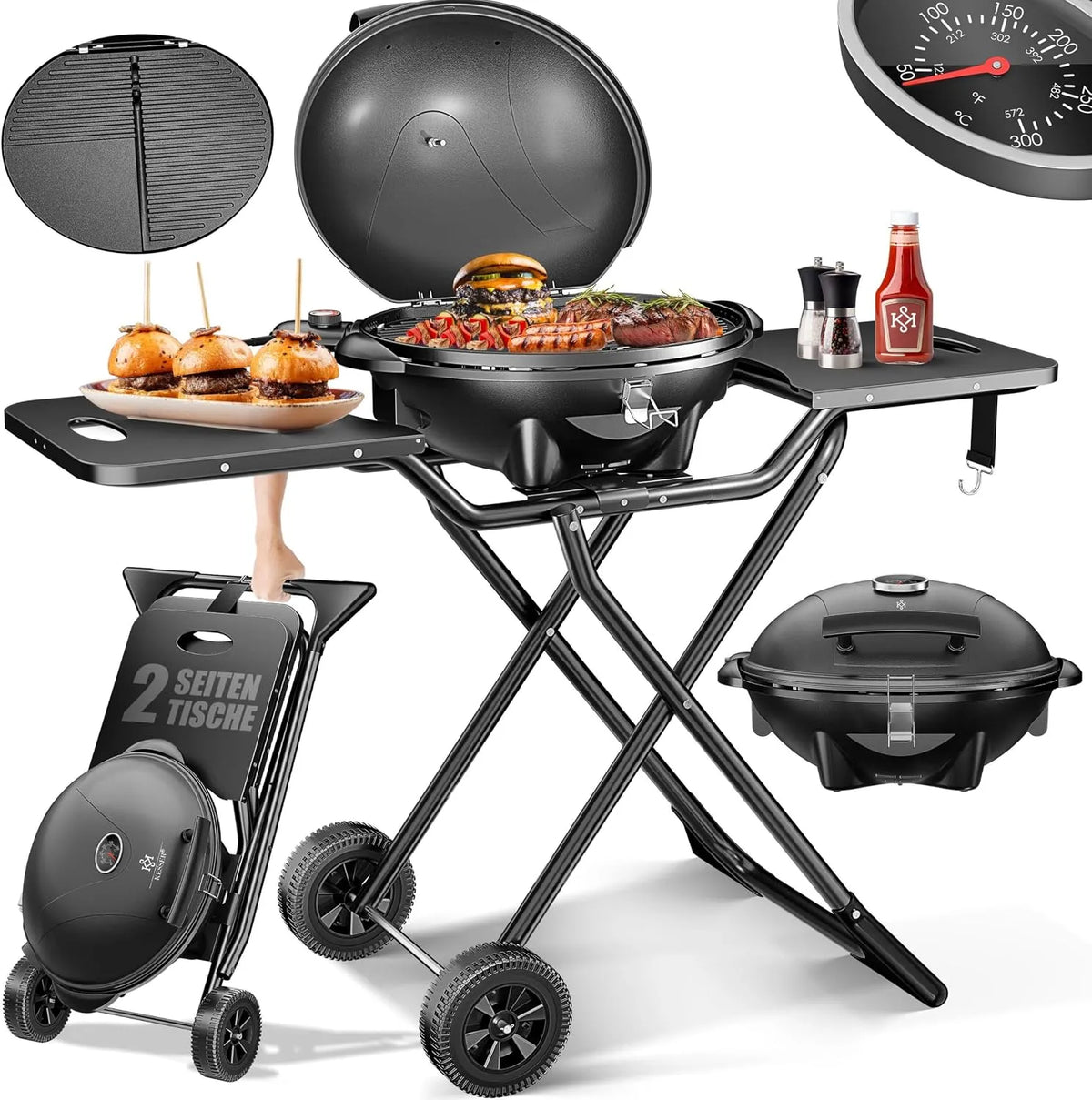 Kesser gril, 2400 watts maximum, Barbecue sur avec couvercle et pieds, Thermomètre, Plaque pour grillade, de table 2 en 1, électrique, Pliable