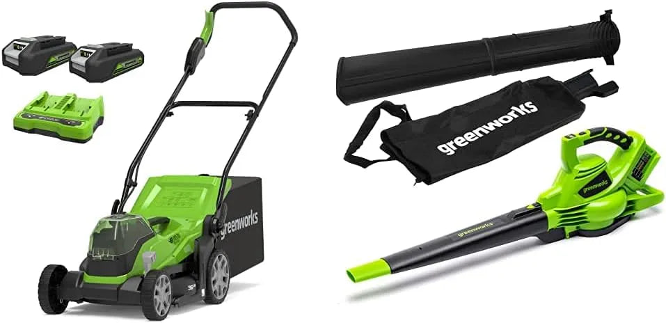 Greenworks tondeuse à gazon batterie2x24V G24X2LM36K2x 2x2Ah, avec Batterie et Chargeur à Double Fente & Aspirateur et souffleur de Feuilles, à 36cm