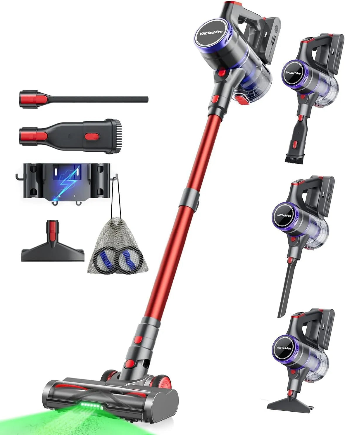Aspirateur balai, Très Silencieux Aspirateur avec Brosse à Sol Anti-Tangle, puissance 550W, 48000Pa, Rouge