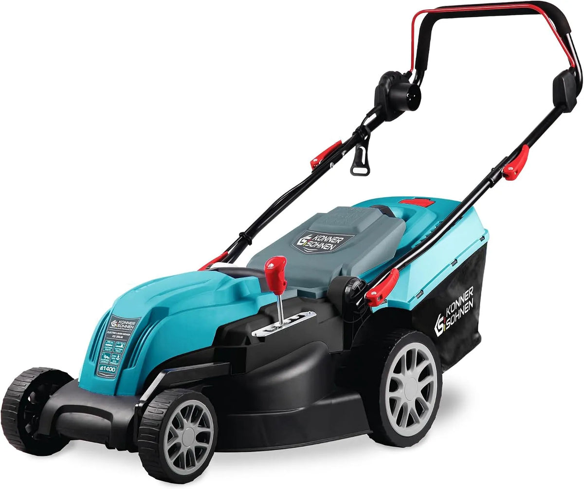 Tondeuse 38LM, Puissance 1400 W, Largeur de labourage 380 mm, Hauteur de Coupe 25–75 mm, Panier à Herbe 40 l, Vitesse à Vide 3250 TR/Min, 5 Positions