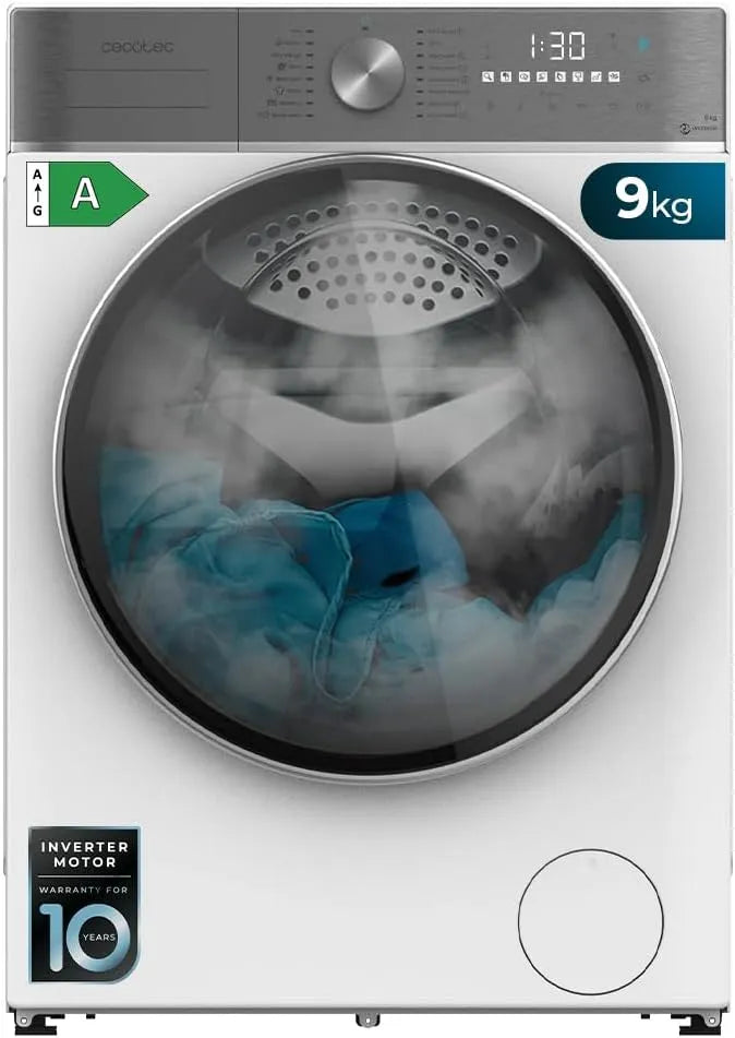 Cecotec lave-linge 9800, 16 programmes, 1400 tr/min, Chargement automatique et Affichage tactile XXL. classe énergétique A, Moteur Inverter Plus