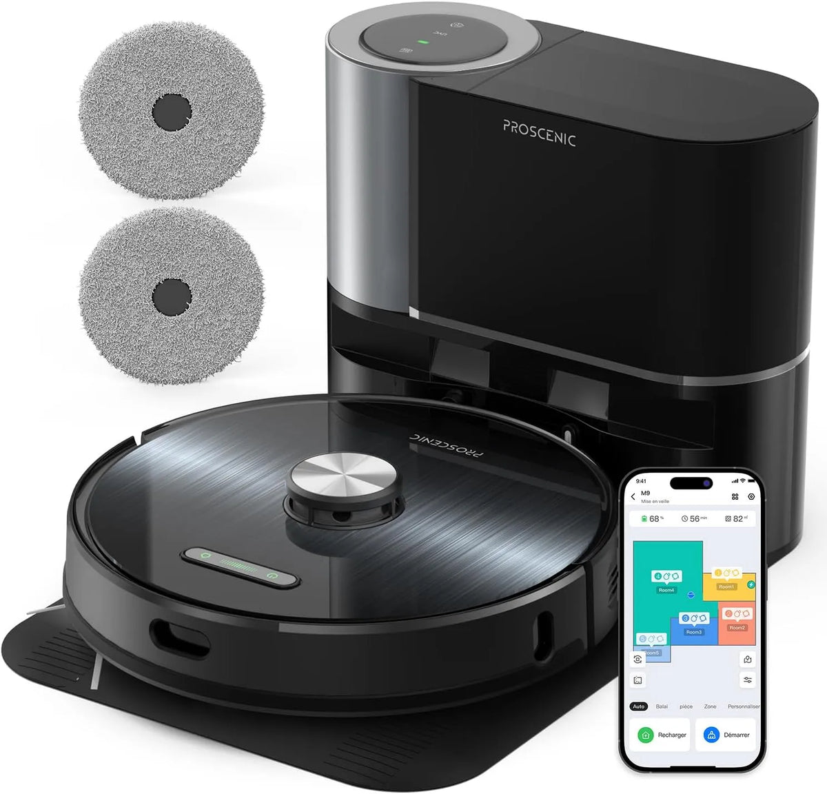 Aspirateur robot, 4500Pa Vidange Auto, Navigation LiDAR avec Cartographie, Alexa, Cheveux, Proscenic M9 Laveur avec Station, Connecté App, Siri