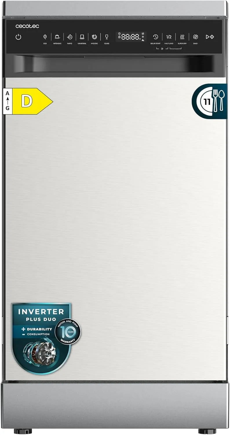 Cecotec lave-vaisselle 4360, 9 Programmes, classe énergétique D, Super Dry, AutoClean, Pose Libre 45 cm Bolero Aguazero Inox. 11 Couverts