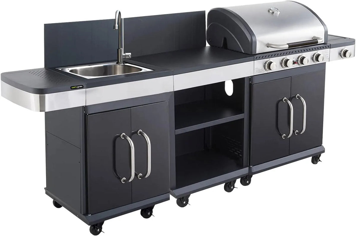 Barbecue, Cuisine Extérieure Modulable FIDGI 4, au Gaz, Cook'in Garden, finition noire, Meuble d'Appoint Desserte et Évier, Structure Métal