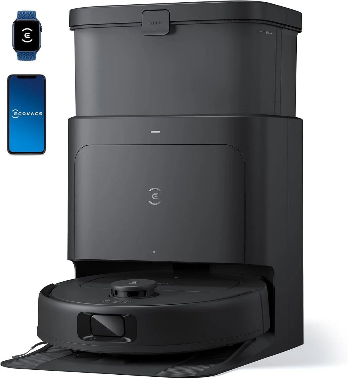 Ecovacs aspirateur N30, Brosse ZeroTangle 2.0, Levage de dérapage de 9 mm, Nettoyage et séchage à l'eau Chaude, finition noire, Robot 10 000 Pa