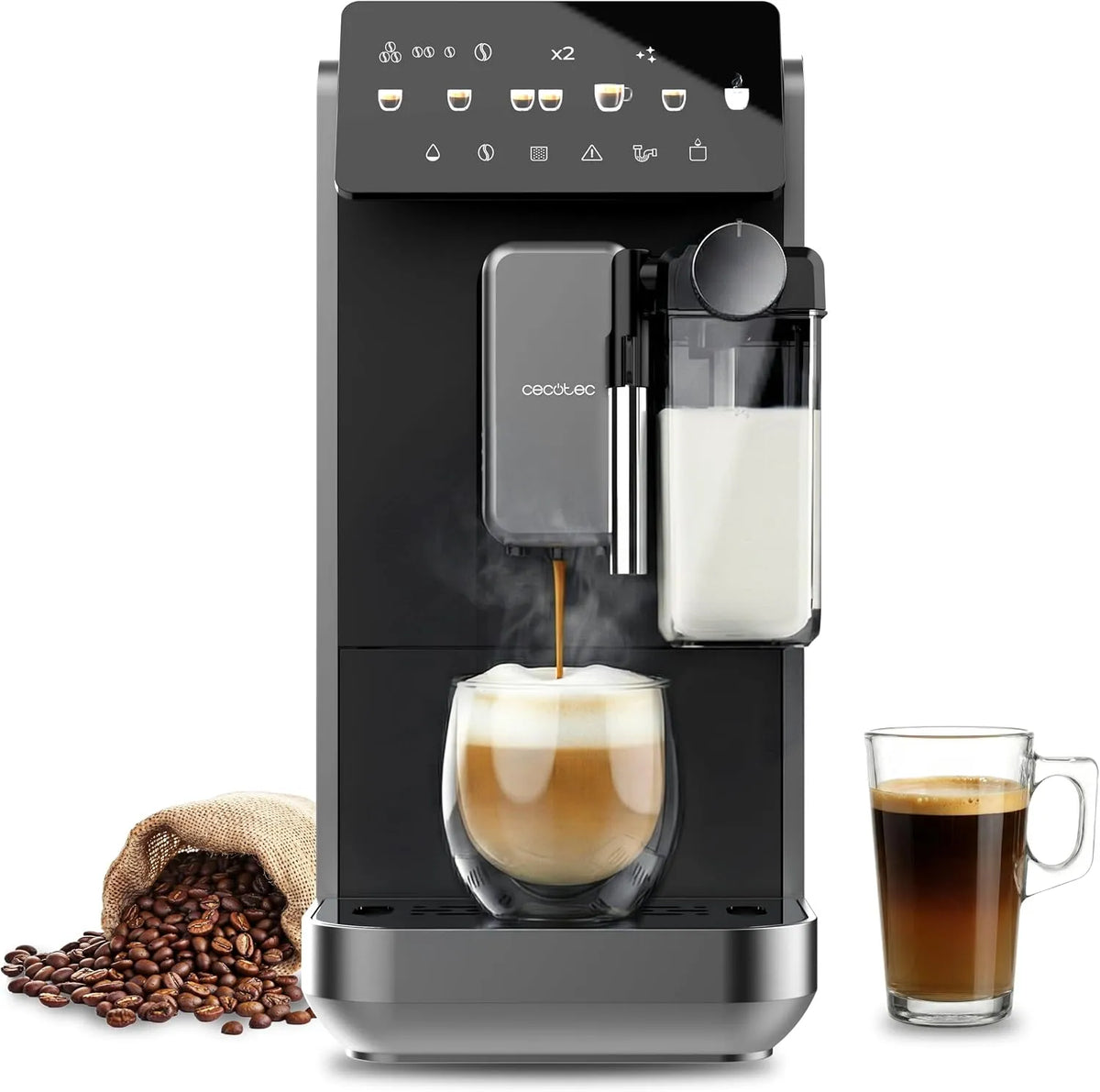 Cecotec cafetière 19Bars, 5 Niveaux de Mouture, capacité 240ml Lait et 280g Grains de Café, Thermoblock, Détartrage, 7 Boissons, Réservoir d'Eau 2L